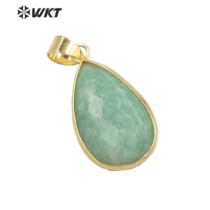 WT-P1640 Wholesale Gold Bezel Women Natural Amazonite Teardrop Pendants Charming Faceted Water Drop Stone Pendant