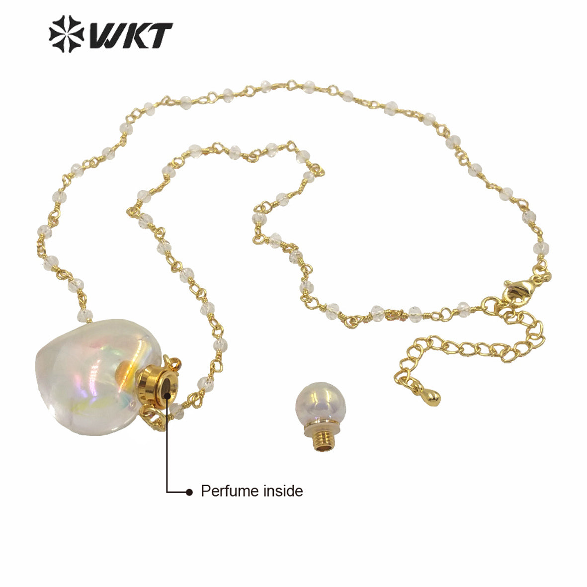 WT-N1237 WKT Amazing Aura Gold Electroplated Crystal Quartz Heart Shape Perfume Bottle Necklace Aura Stone Crystal Necklace