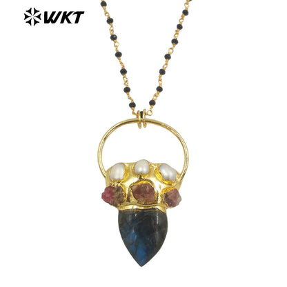 WT-N1422 Gorgeous Natural Labradorit Necklace 28inch Long Layer Vintage Boho Beads Necklace Casual Long Statement Necklace