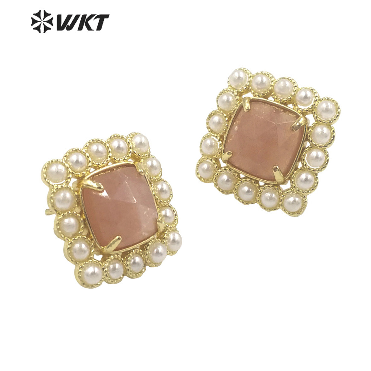 WT-MPE120 Amazing Elegant Square Artificial Pearl With Natural Stone Claw Setting Women Bohemian Studs