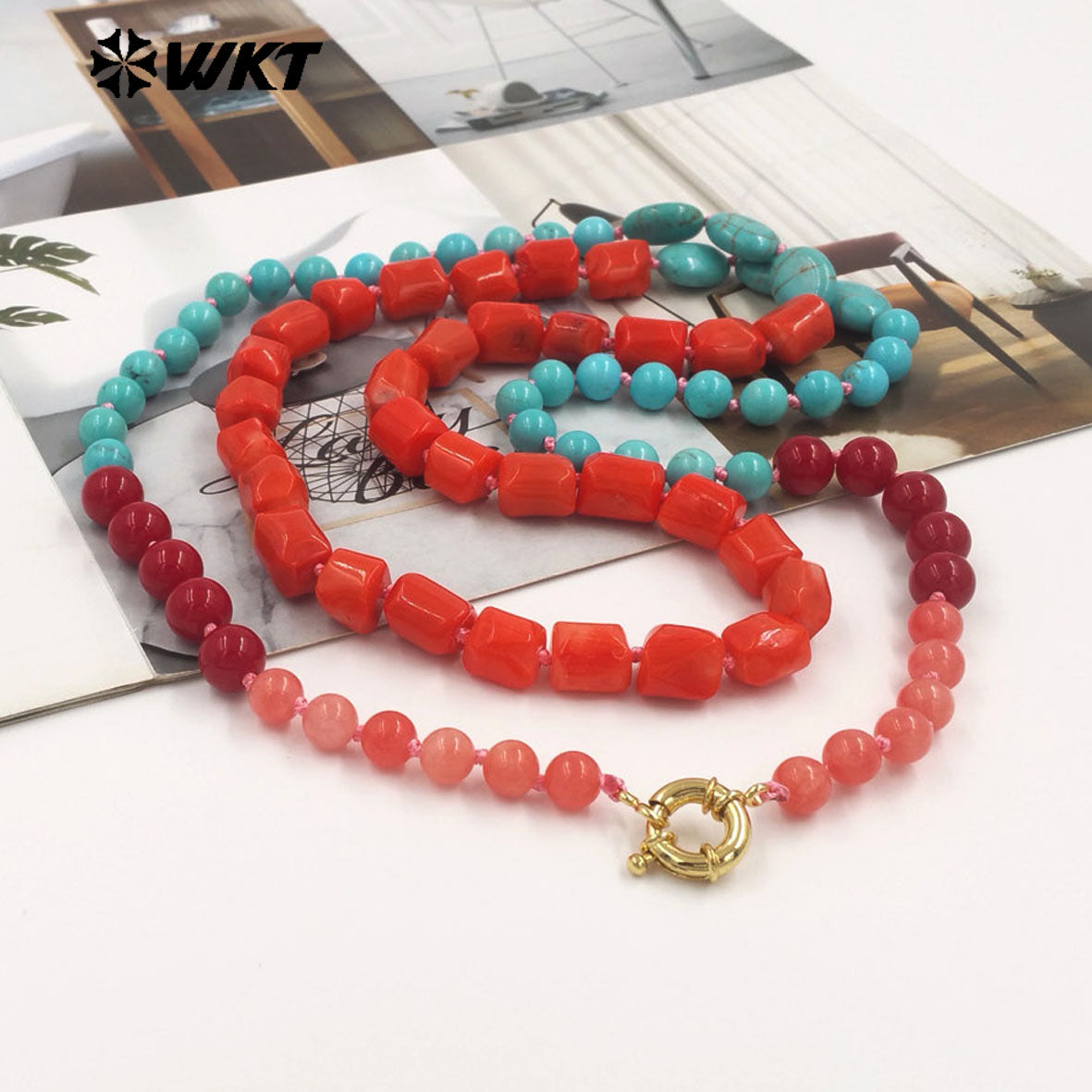 WT-N1504 High Quality Length 108CM Natural Turquoise And Red Coral Splicing Long Women Necklace For Party Matching Jewelry
