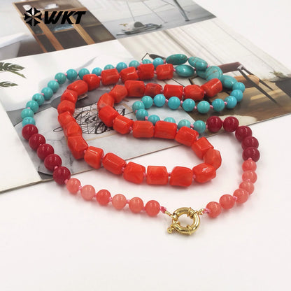 WT-N1504 High Quality Length 108CM Natural Turquoise And Red Coral Splicing Long Women Necklace For Party Matching Jewelry