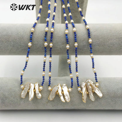 WT-JN104 Newest Natural Pearl Necklace 3mm Lapis Beads 4mm Pearl Beads Themed Pendant in Randomly Shape Fashion Charm Necklace