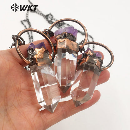 WT-N1263 Women Antique Copper Plated Crystal Quartz with Amethyst Necklace Boho Vintage Natural Quartz Point Necklace