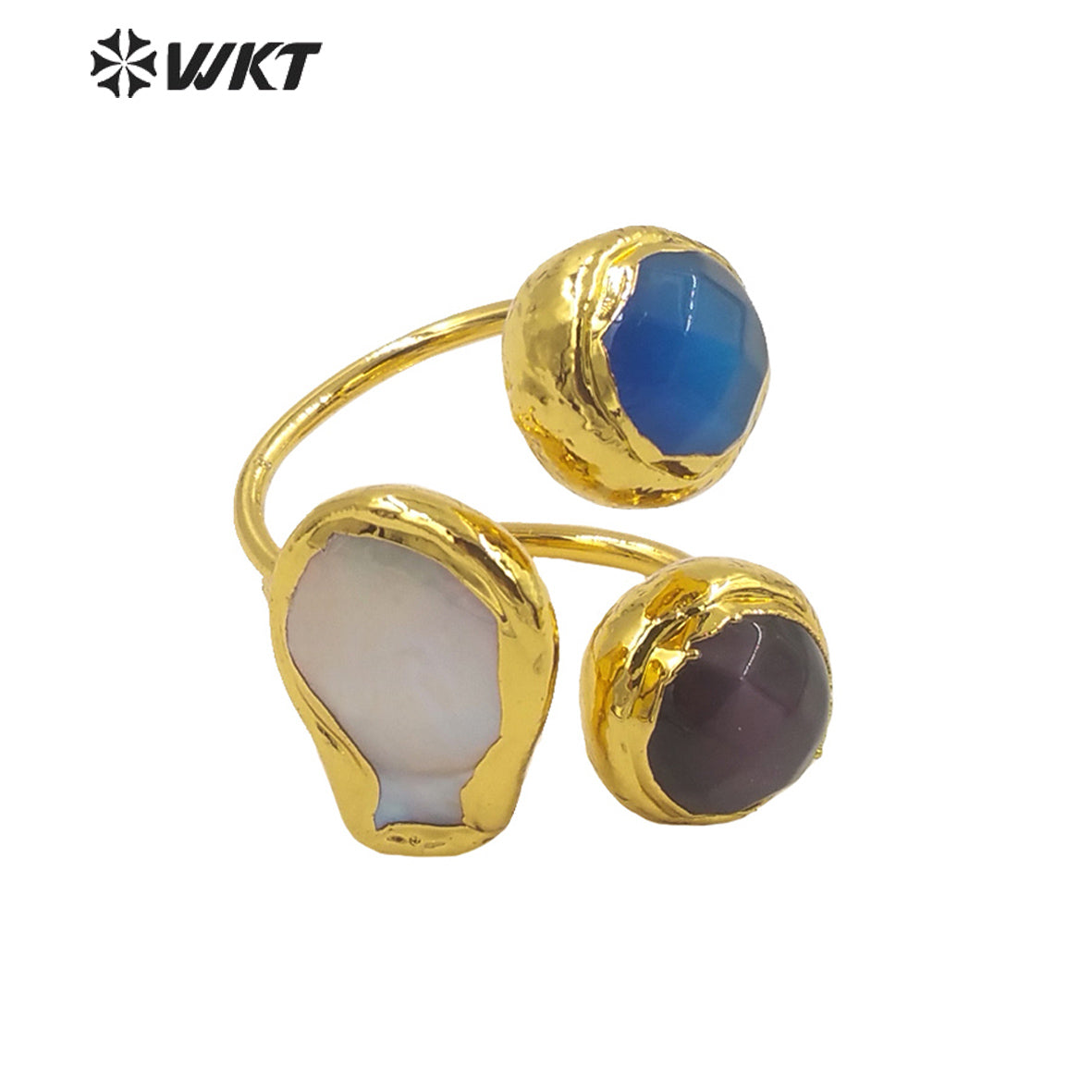 WT-R372 Newest Triple Stone Pearl Women Ring Gold Electroplated Stone Ring Fashion Adjustable Cat Eye Stone Anneversary Ring