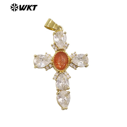 WT-MP320 New Arrival 18K Gold Plated Natural Stones And Zircon Cross Pendants For Lady Trendy Necklace DIY Accessories