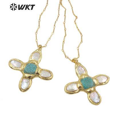 WT-JN169 Wholesale New Fashion Trendy Pearl Cross Shape Turquoises Pendant Necklace Gold Electroplated Necklace Green Stone