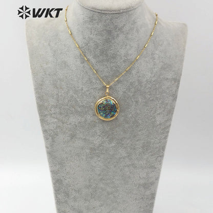 WT-JN061 New Arrival Women's Jewelry Round Natural Color Shell Pendant 18K Gold Plated Natural Abalone Shell Necklace