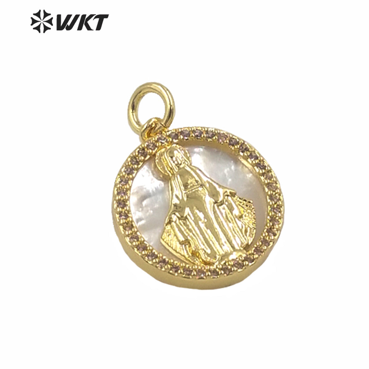 WT-MP155 New Hot Sales White MOP Shell Pendants Small Size Round Coin Religious Jesus Christ Charm Pendant in Gold Electroplated