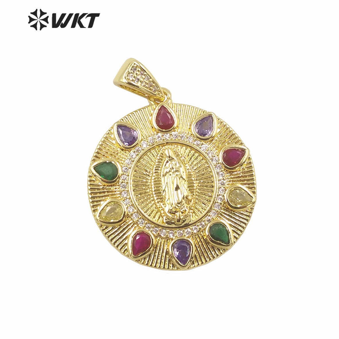 WT-MP282 Newest Vintage Style Colorful Female Deity Shaped Rectangle Shaped Cubic Zircon Madonna Design Pendant