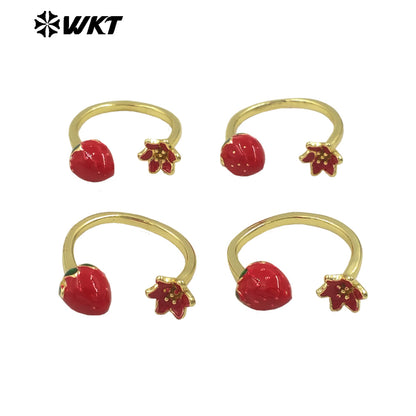WT-RF008 Wholesale Gold Plated Women Ring Adjustable Size Strawberry And Flower Charm For Daily Wearing Jewelry Accessory