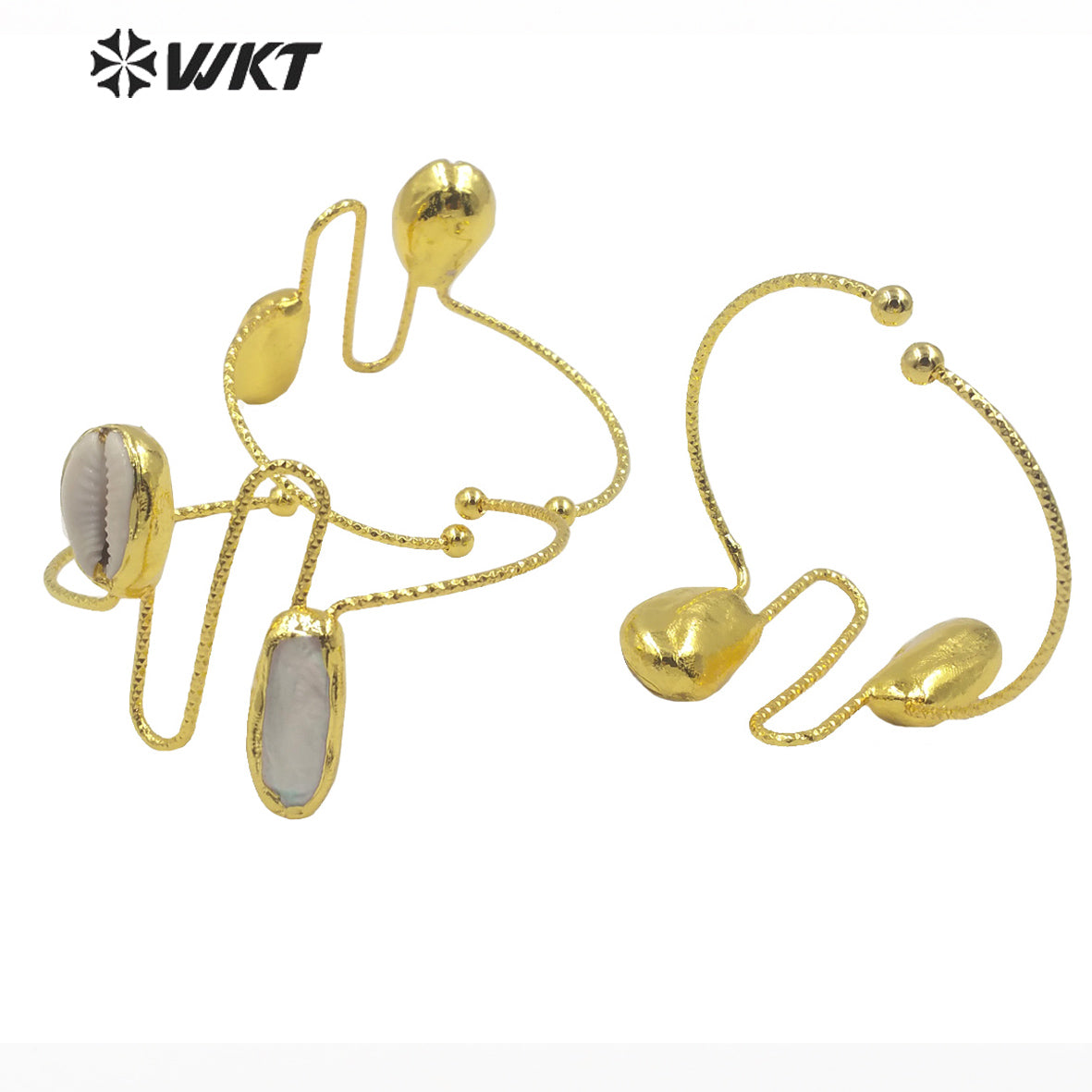 WT-MPB043 WKT 2022 Gorgeous Handmade Gold Fresh Pearl Shell Bangle Gold Plated Women Natural Cowrie Pearl Bangle