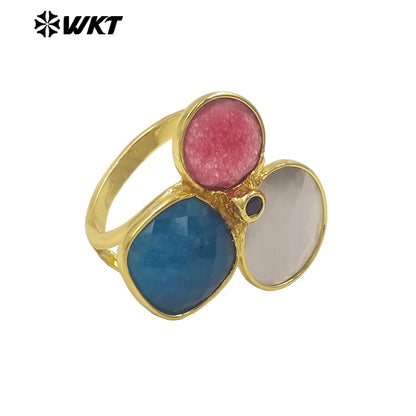 WT-R581 Fashion Lovely 18K Gold Plated Three Natural Cat Eye Stones Triangle Adjustable Women Rings For Anniversary Gift