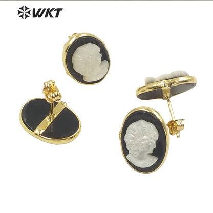 WT-MPE071 French Pastoral Earrings Delicate and Elegant Black Agate Pearl Earrings Human Head Natural Pearl Stud Earrings