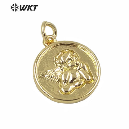 WT-MP190 Wholesale Round Tiny Gold Metal Angel Charms Pendant Hand Make Jewelry Findings Design God Angle Pendant