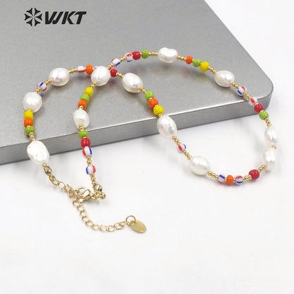 WT-JN199 Distinc Hand Strand Freshwater Pearl Beads Necklace for Lady Vintage Style Candy Ceramic White Pearl Vocation Necklace
