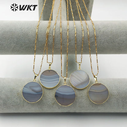 WT-N1150 New Arrival Fashion for Lady Jewelry Round Shape Natural Stone Pendant Natural Color Grey Strip Agate Necklace