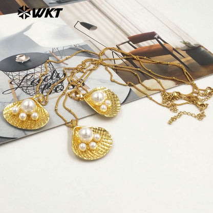 WT-JN309 Amazing Fashion Gold Plated Man Made Scallop Shell Metal Women Necklace 18 Inch Long
