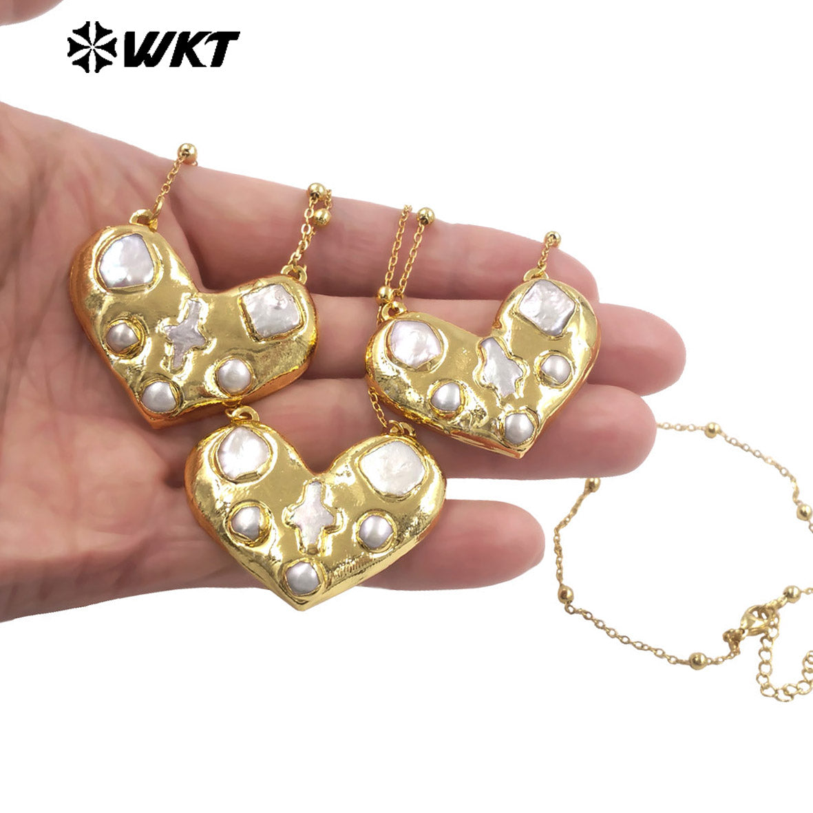 WT-JN381 Beautiful Thin Bead Chain With Gold Electroplated Natural Freshwater Pearl Heart Shape Pendant Necklace For Girl Gift