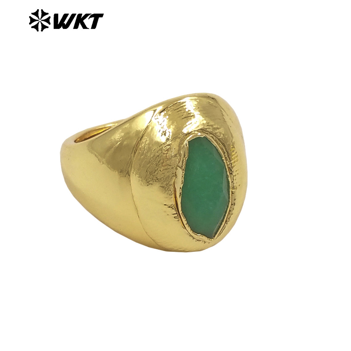 WT-R575 Wholesale Boutique Simple Design 18K Gold Plated Natural Green Jade Stone Women Ring For Daily Wearing Jewelry