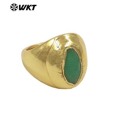 WT-R575 Wholesale Boutique Simple Design 18K Gold Plated Natural Green Jade Stone Women Ring For Daily Wearing Jewelry