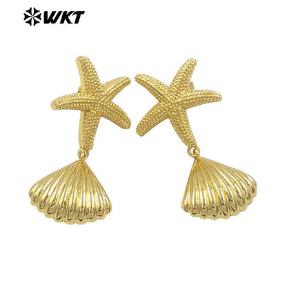 WT-E762 New Design 18K Gold Plated and Silver Star Shell Earrings Perfect for Women on the Beach As Daily Decoration and Gift