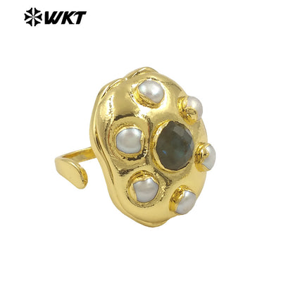 WT-MPR115 High Quality Unisex 18K Gold Plated Six Pearl and Natural Black Stone Round Shape Ring Exquisite Jewelry Accessories