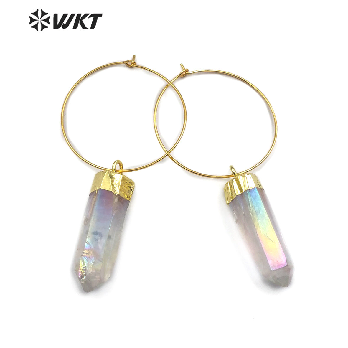 WT-E493 Six Prism Quartz Pendant With Gold Capped Healing Colorful Crystal Earring Jewelry Aura Quartz Dangling Earring