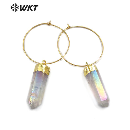 WT-E493 Six Prism Quartz Pendant With Gold Capped Healing Colorful Crystal Earring Jewelry Aura Quartz Dangling Earring