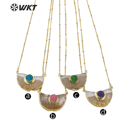 WT-N1210 Newest Natural Yellow Citrine Quartz Necklace With Round Druzy Quartz Charm Fashion Charm Jewelry Yellow Stone Necklace