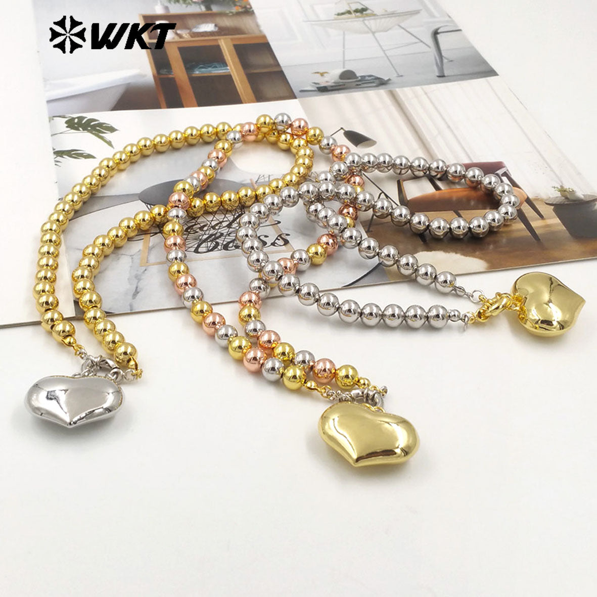 WT-JFN10 Amazing Lovely 8MM 18K Real Gold Plated Round Ball Beads 16 Inch Long Charm Pendant Necklace
