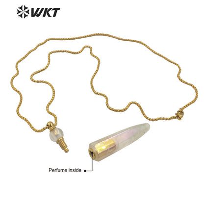 WT-N1258 Wholesales Gorgeous Long Angel Color Crystal Quartz Point Essential Oil Bottle Necklace Gorgeous Aura Stone Necklace