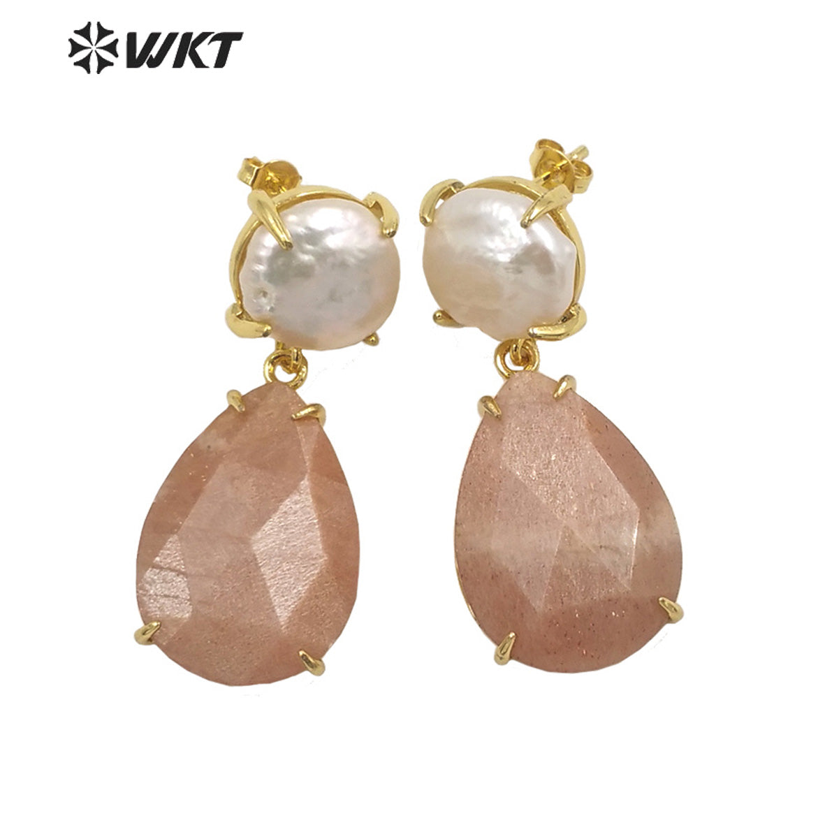 WT-E696 Amazing the Royal Nobility Gorgeous Design Women Natural Gemstone Teardrop Earrings with Pearl Studs in Resist Gold