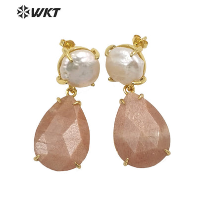 WT-E696 Amazing the Royal Nobility Gorgeous Design Women Natural Gemstone Teardrop Earrings with Pearl Studs in Resist Gold