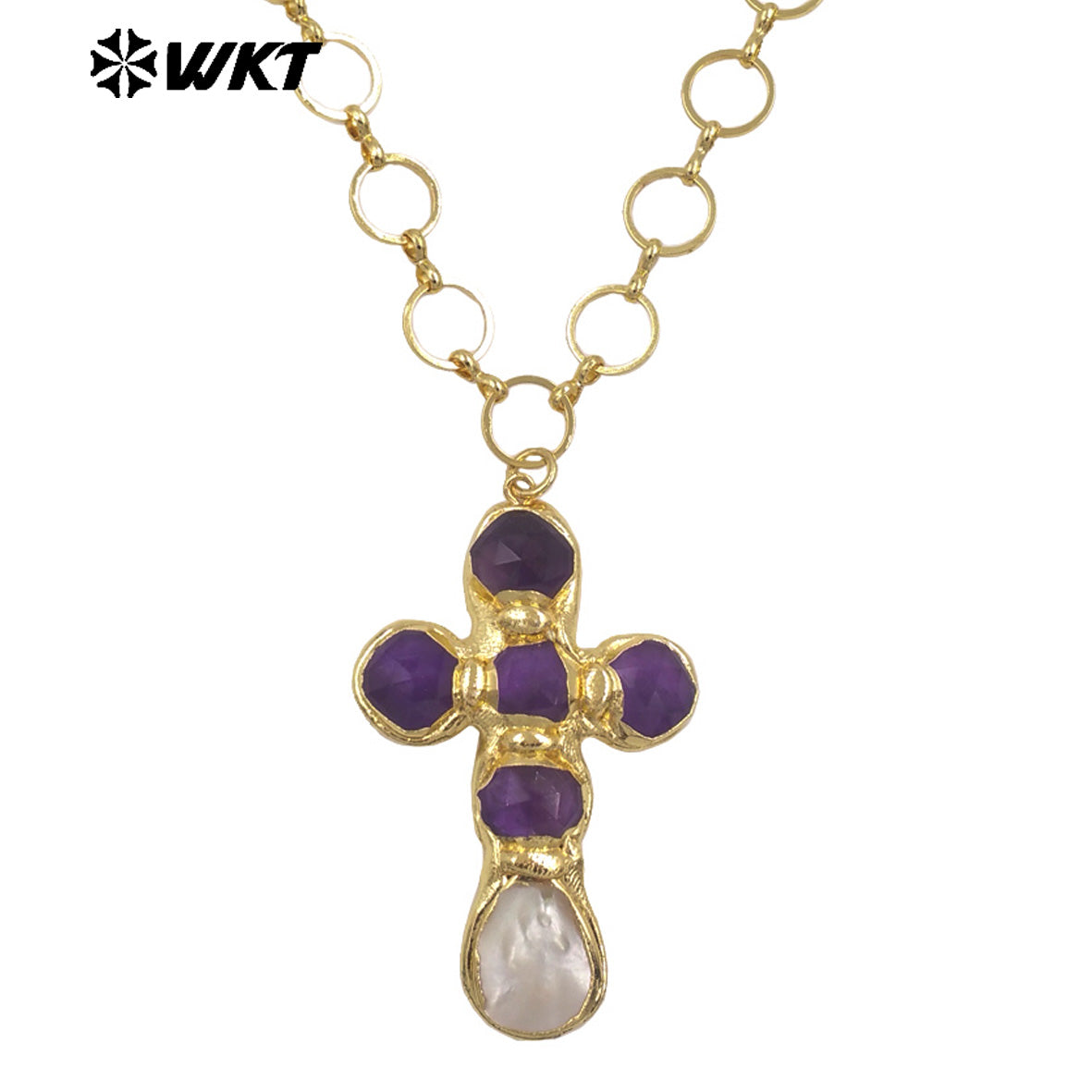 WT-JN374 Factory Wholesale Metal Chain With Natural Gemstone And White Shell Cross Pendant Necklace As Girl Daily Jewelry
