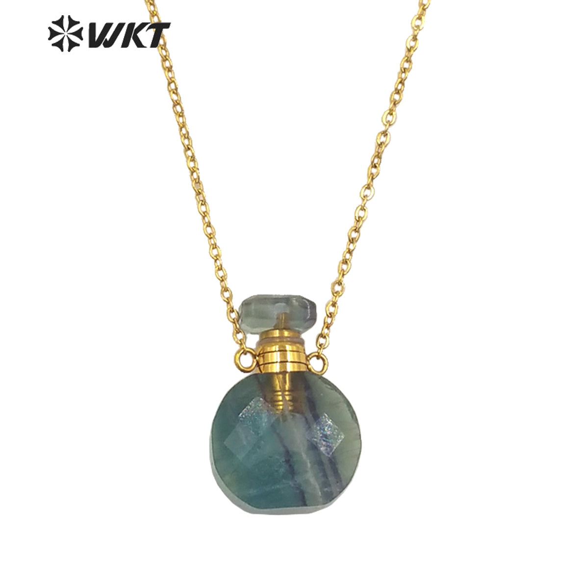 WT-N1457 New Design Natural Rainbow Fluorite Faceted Gold Plated and Stainless Steel Essencial Oil Bottle Necklace Jewelry