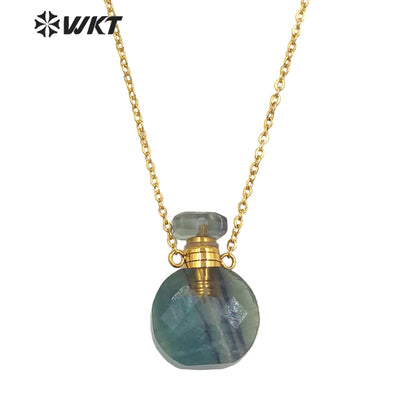 WT-N1457 New Design Natural Rainbow Fluorite Faceted Gold Plated and Stainless Steel Essencial Oil Bottle Necklace Jewelry