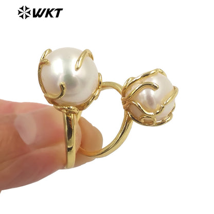 WT-MPR054 Wholesale Round Claw Setting Irregular One Pearl Ring Fashion 18k Gold Plated Freshwater Handmade Wedding Pearl Ring