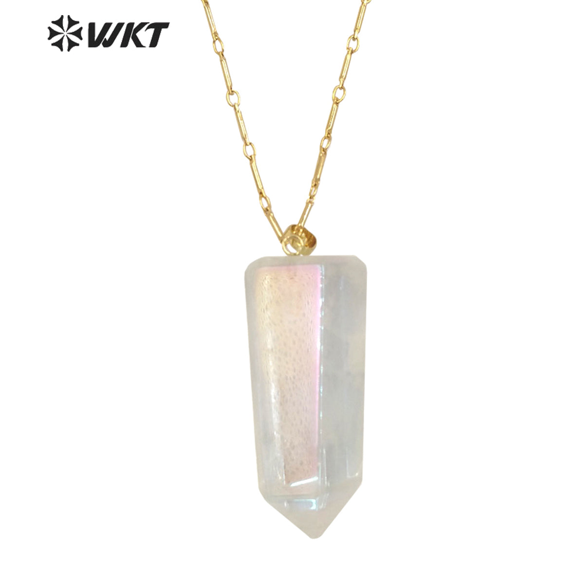 WT-N1390 Amazing Healing Aura Crystal Quartz Point Necklace Simple Hoop Angel Color Stone Hexagon Necklace in Gold