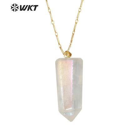 WT-N1390 Amazing Healing Aura Crystal Quartz Point Necklace Simple Hoop Angel Color Stone Hexagon Necklace in Gold
