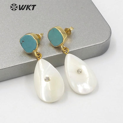WT-MPE045 Factory Directly Sales Natural Stone Studs Earrings White Waterdrop Dangle Shell Earrings Charming Turquoise Earrings