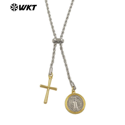 WT-JFN56 Religious Style Silver Chain With Yellow Brass Gold Plated Cross Round Charms Necklace As Ladies Daily Decorations