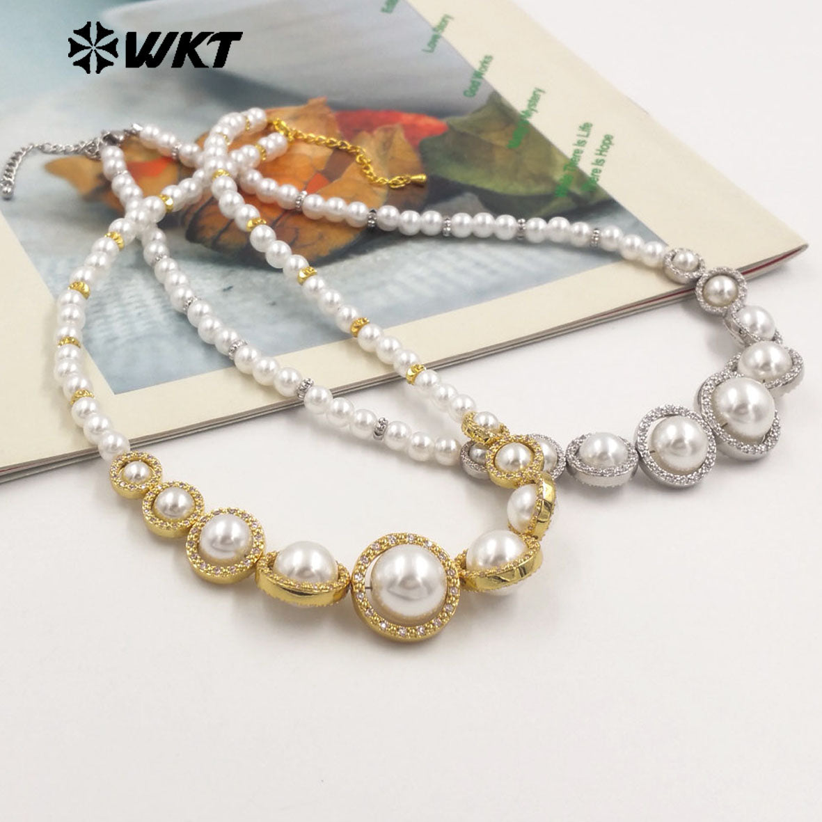 WT-JN290 Stylish Gold Beads Interspersed With Silver Beads Pearl Round Necklace With Small Zircon Jewelry Accessories for Women