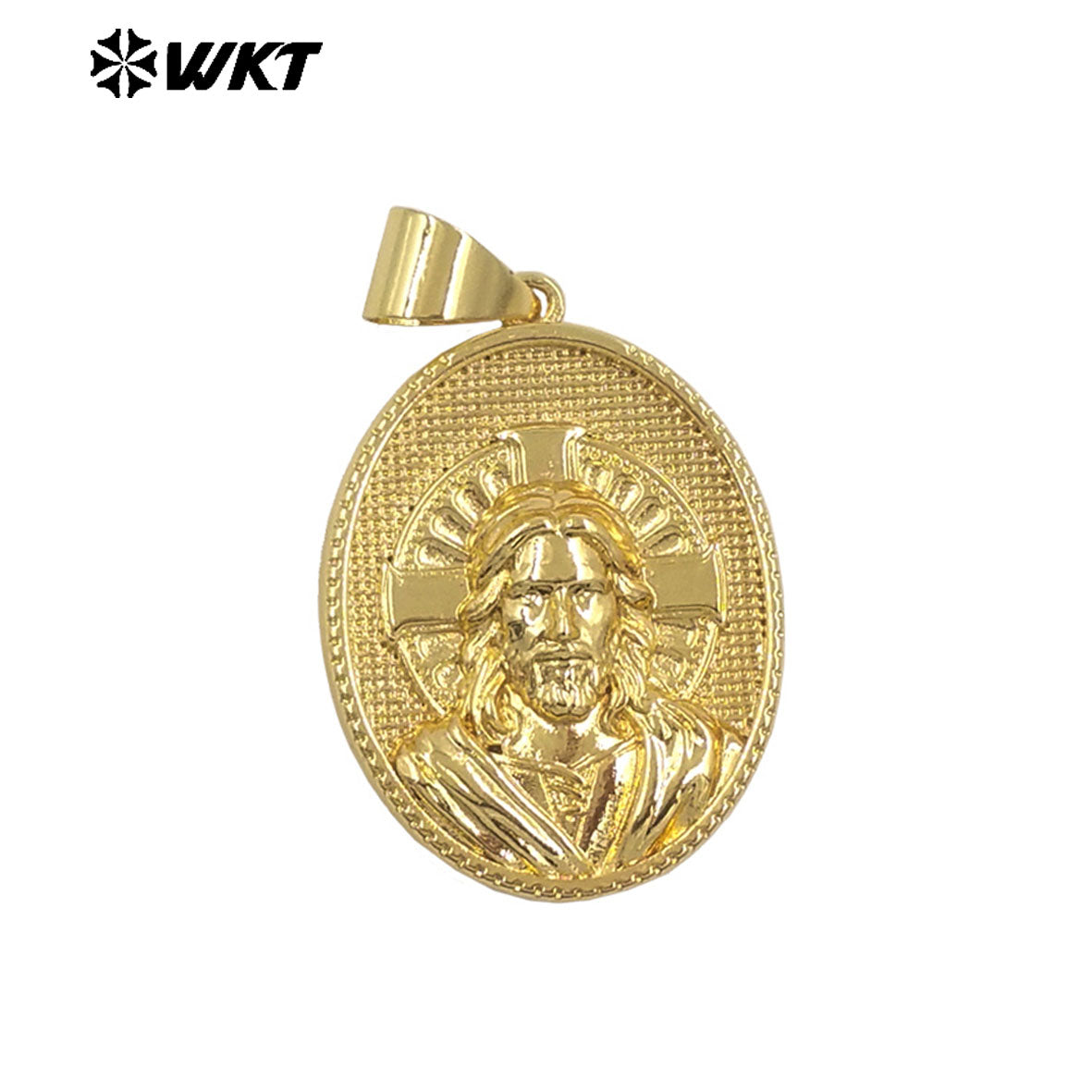 JFE146 High Quality Oval Shape Yellow Brass With Gold Plated Christian Religious Pendant Carved DIY Accessories