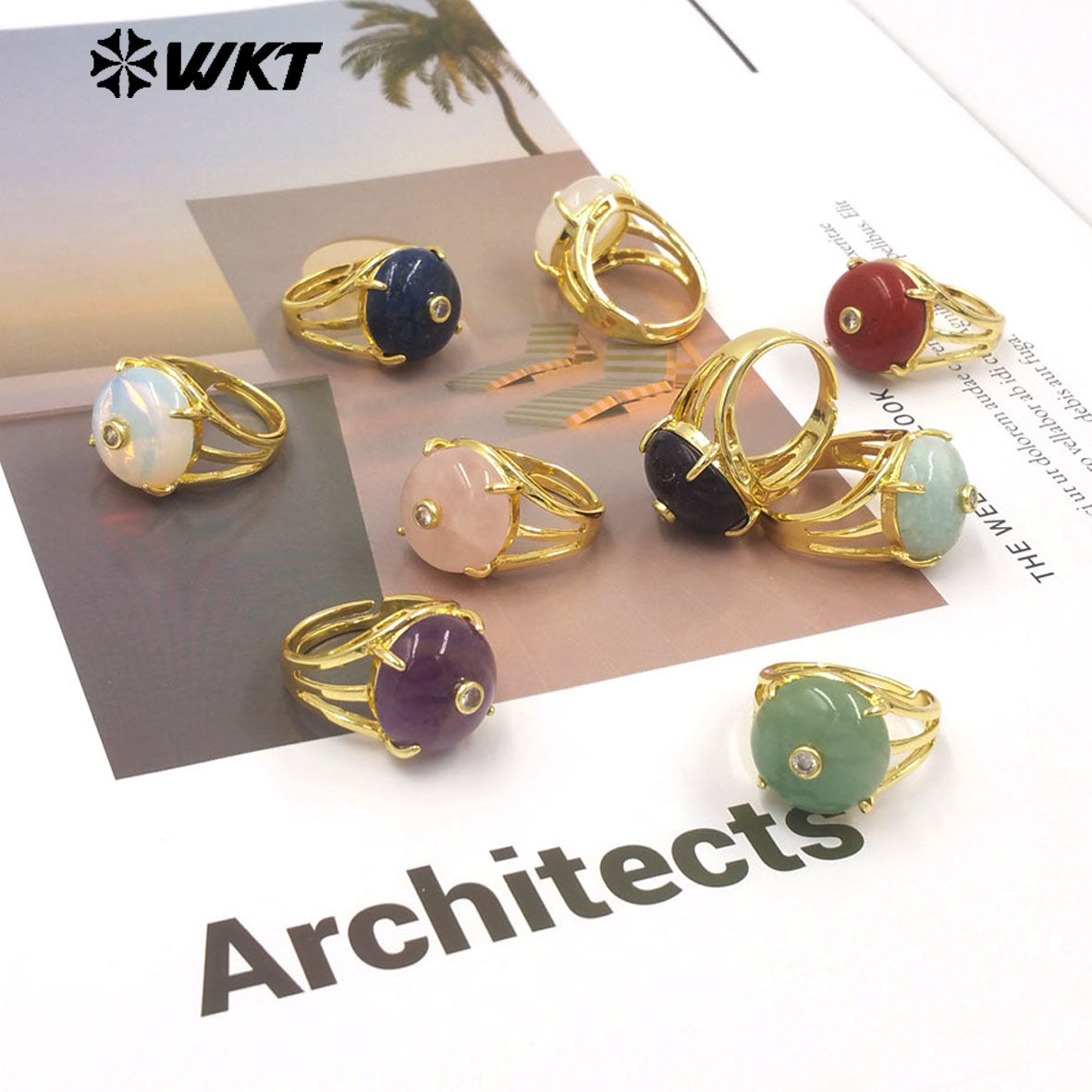 WT-R603 Newest Lovely Style Gold Plated Natural Gemstones And Zircon Round Women Rings For Party Wearing Decorative Jewelry