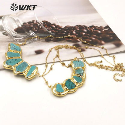 WT-N1458 WKT Exclusive Design New Multi Turquoise Stone Assemble Big Horn Stone Necklace With 18K Real Gold
