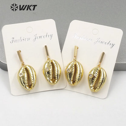 WT-MPE048 WKT Amazing Gorgeous Natural Full Gold Dipped Cowrie Shell Earrings Fashion Lady Charming Dangle Conch Shell Earrings