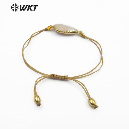 WT-B447 Handmade Pearl Bracelet Teardrop Shape Pendant With Gold Trim Rope Adjustable Jewelry Natural Freshwater Pearl Bracelet