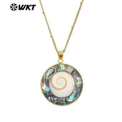 WT-JN266 Wholesale Fashion Gold Bezel Round White Trumpet Shell Energy Pendant Necklace With 18 Inch Chain