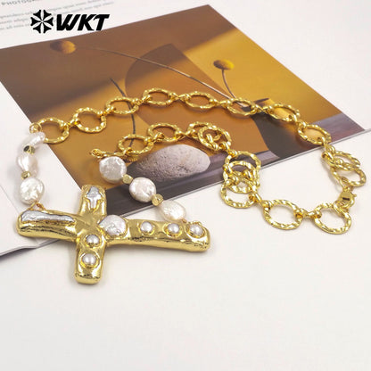 WT-JN369 Exclusive 18K Gold Electroplated Natural Freshwater Pearl Chain And Cross Pendant Necklace For Women Daily Matching